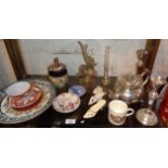 Shelf of assorted china and silver plate