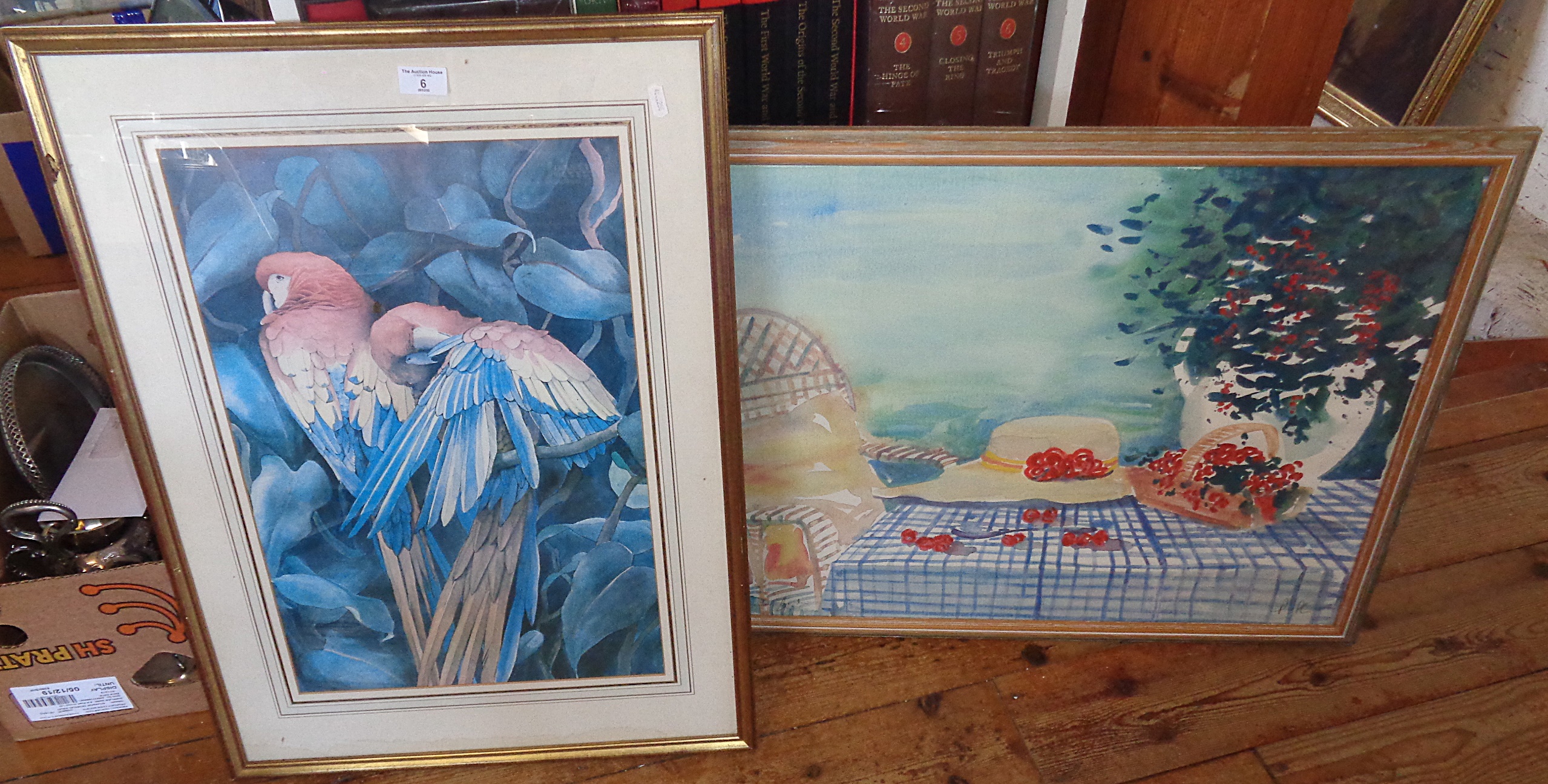 Large contemporary colour print of parrots and another of a still life with hat and table