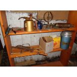 Assorted tools etc. inc. grease guns, oil can, servants bell etc.