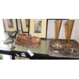 Chinese carved soapstone flower holder, Art Nouveau brass hand mirror and other items