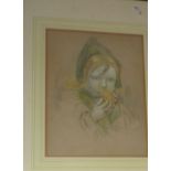 Pencil and chalk study portrait of a girl eating an orange