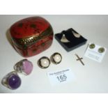 Two .925 silver Modernist rings set with stones - costume earrings, 9ct gold crucifix pendant, and a