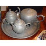 Chinese pewter tea set on tray