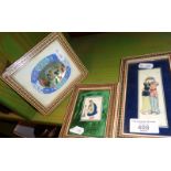 Indo-Persian miniature painting on shell, framed and two Indian paintings of figures, framed