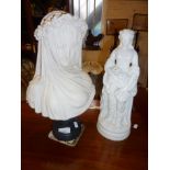 A Dilettante Parian type bust of a veiled woman and a Parian ware figure of a lady with flower