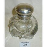 Victorian Art Nouveau heavy glass inkwell with silver lid and collar, hallmarked for London 1896