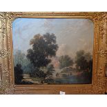 Large 19th c. oil on canvas of a pastoral landscape with trees and figures