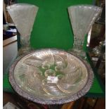 Victorian round silver-plated fruit dish with moulded glass liner and a pair of Victorian fan shaped