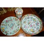 Chinese Canton plates and a Canton round box and cover