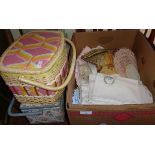 Two 1960's sewing baskets and contents together with a box of table linen