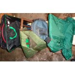 Unused keep nets in a bag and a box of fishing clothing etc.