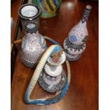 Islamic/Persian intricately decorated enamel hookah base and pipe, etc.