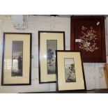 Three framed Oriental prints and Chinese wood panel with mother-of-pearl inlaid floral decoration