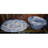 Quantity of blue and white transfer decorated meat platters and plates including Davenport meat