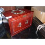 Chinese Mahjong set in decorated chest of drawers with bone and bamboo tile racks