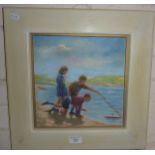 John RABBETTS, local artist, an oil on board of children playing with a model boat titled verso "