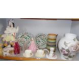 Shelf of assorted china and glass inc. Staffordshire, Doulton stoneware, etc