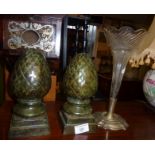 Pair of painted metal pine cone finials and single epergne