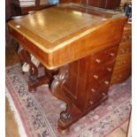 19th c. mahogany Davenport with fitted interior, brass gallery carved supports and tooled leather
