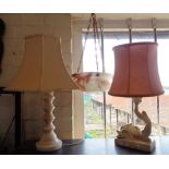 Two table lamps and alabaster ceiling shade