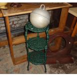 Pine wall shelves, old mahogany toilet seat, cast metal plant stand and an aluminium buoy