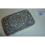 Victorian silver snuff box decorated with repoussé scenes of cherubs, and gilt-lined, hallmarks