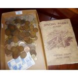 Tray of assorted British coinage, some silver, and a schoolboy stamp album