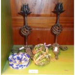 Pair of wrought iron candlesticks, 20th c. Chinese Cloisonné ashtray and two painted metal baubles