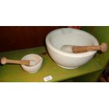 Large ceramic pestle and mortar and a smaller similar