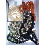 Venetian glass bead necklace, 9ct gold locket on chain, black glass necklaces, and agate, etc.