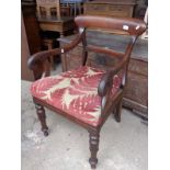 19th c mahogany scroll-arm library elbow chair on turned & carved legs