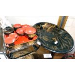 Japanese lacquer miniature food tray with nine dishes, and a toleware bowl having gilt decoration