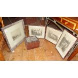 Cat basket, three framed engravings and a mahogany box with glass door