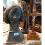 1930s black plaster bust of saintly woman, a wooden Crucifix & a plaster statuette of Mary