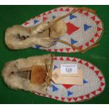 Pair of Native American antique c.1890 Lakota Sioux fully beaded moccasins with fur trim, approx