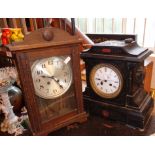 Oak cased mantle clock together with a Victorian slate mantle clock with enamel dial (A/F)