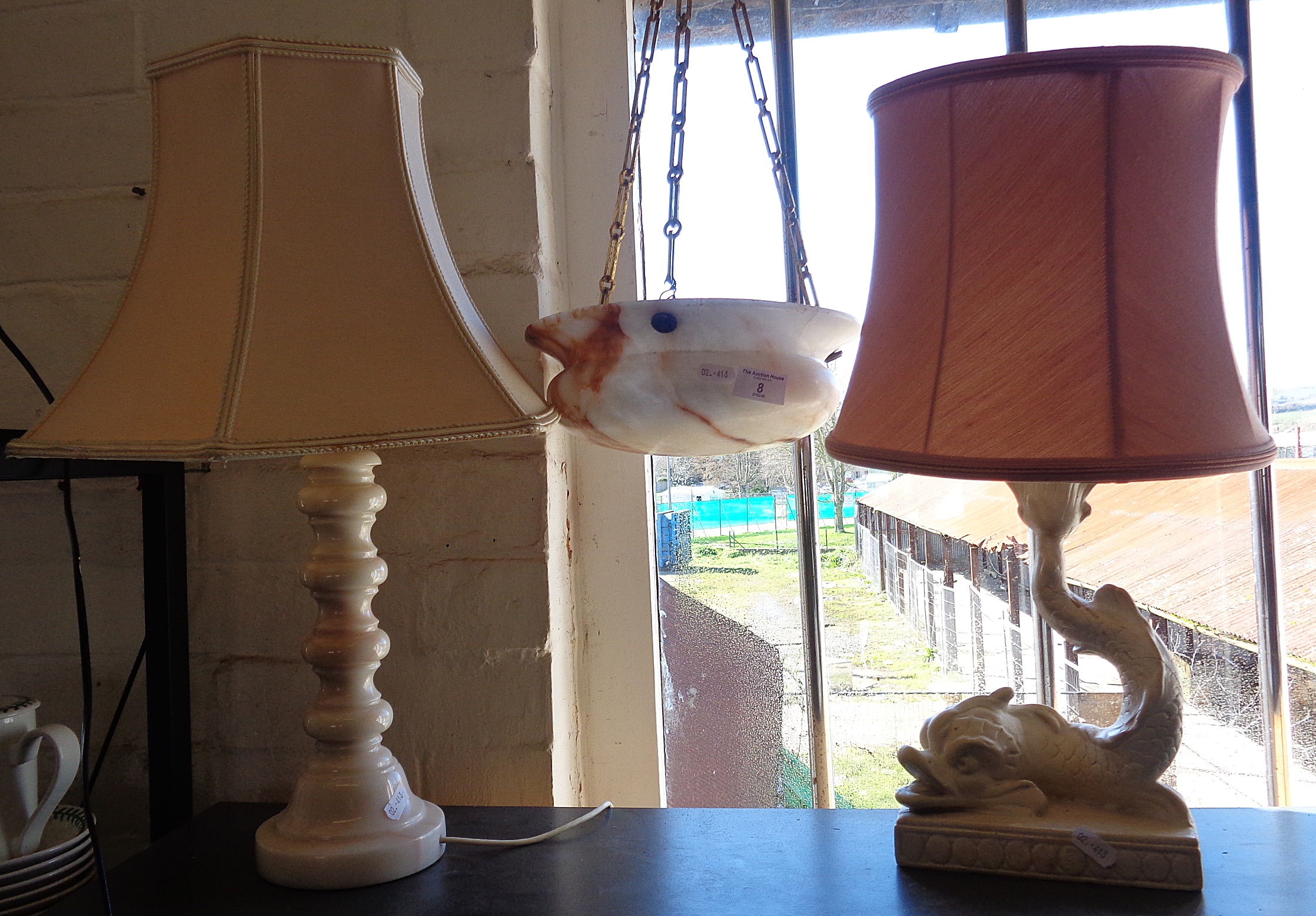 Two table lamps and alabaster ceiling shade - Image 3 of 3