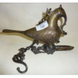 Islamic or Persian hanging bronze oil lamp in the shape of a bird