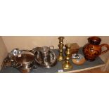 Stainless steel cookware, pair of brass candlesticks etc