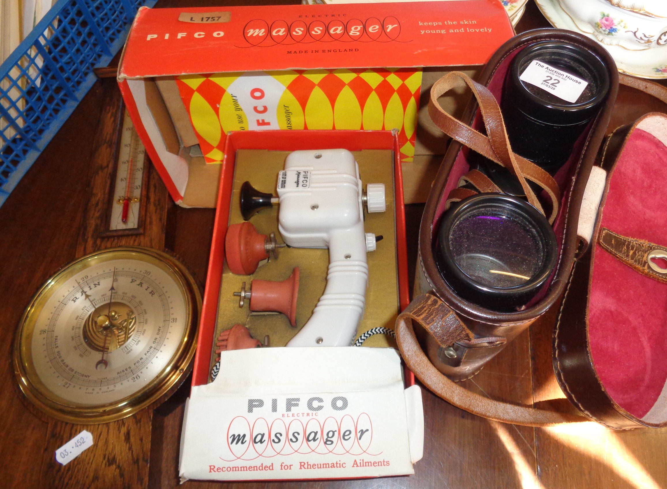 A Pifco Electric Massage machine in original box, a barometer and a pair of USSR binoculars - Image 2 of 3