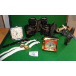 Small model cannon, pair of binoculars, three ladies wristwatches and two travelling clocks