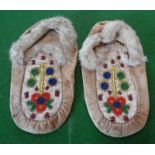 Vintage Native American Cree Ojibway womans beaded & embroidered moccasins with fur trim