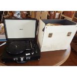 AKAI portable record player and a collection of jazz, blues and other 78 rpm records