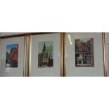 Three coloured prints of Continental town scenes by de la Fuille and a coloured print of an