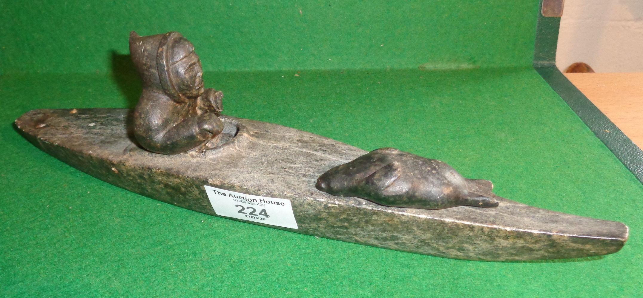 Inuit carved granite model of a kayak with seal hunter and seal, signed - Image 2 of 5