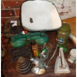 Set of old kitchen scales, a mincer, flat iron, etc.