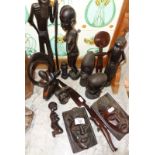 Collection of assorted African carved wood figures including Ashanti fertility figures (12 items)