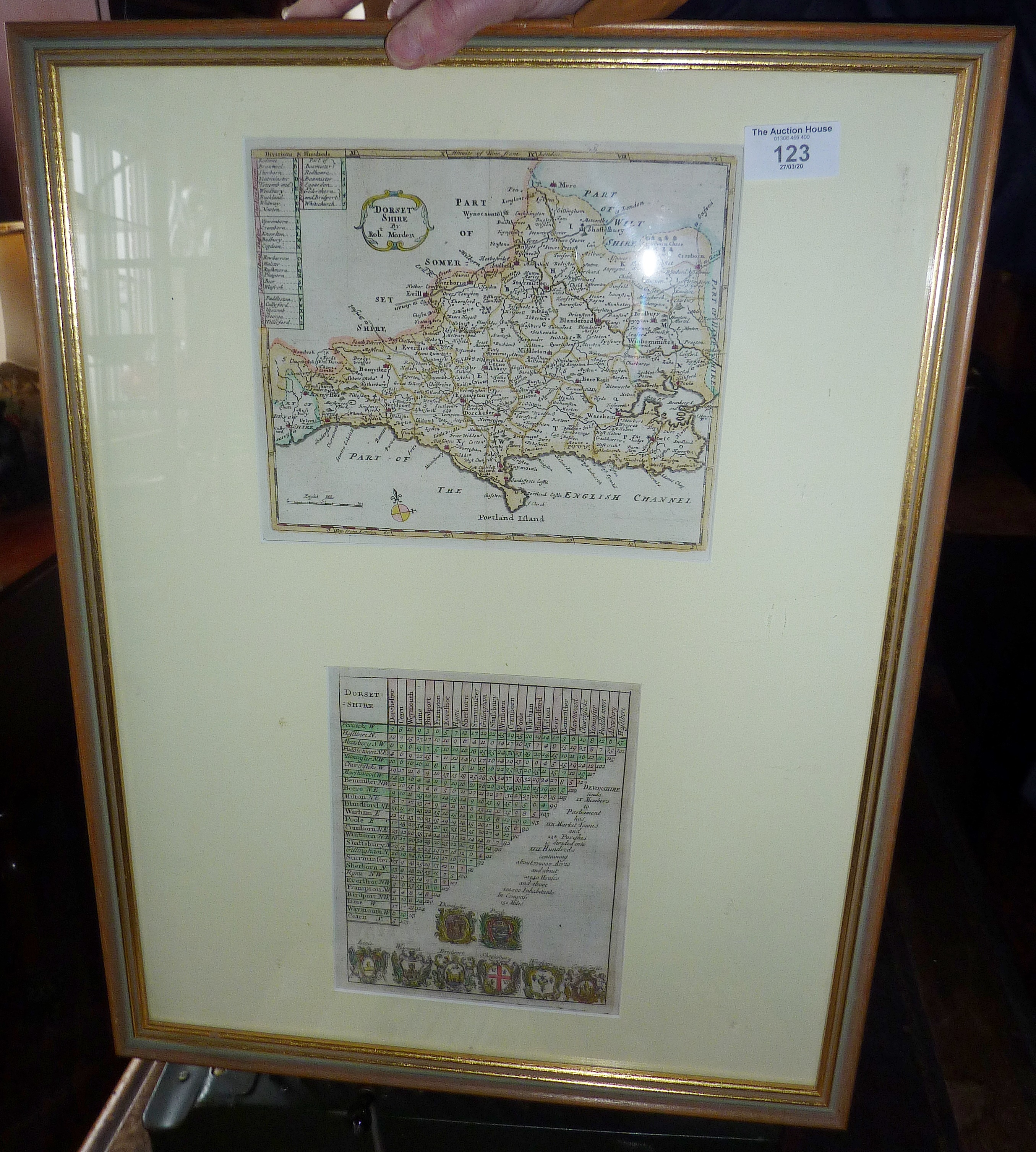 A Robert Morden map of Dorsetshire, 7" x 8¼" plate size mounted with the table of distances