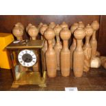 Set of 17 turned pine table skittles and ball, and a vintage Schmid 8-day mantel clock