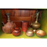 Islamic or Cairoware brass items with engraved decoration, Indo Persian lacquered boxes, and another